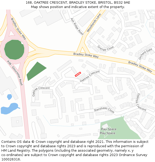 168, OAKTREE CRESCENT, BRADLEY STOKE, BRISTOL, BS32 9AE: Location map and indicative extent of plot