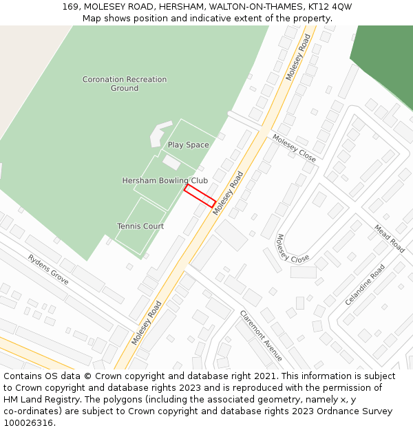 169, MOLESEY ROAD, HERSHAM, WALTON-ON-THAMES, KT12 4QW: Location map and indicative extent of plot