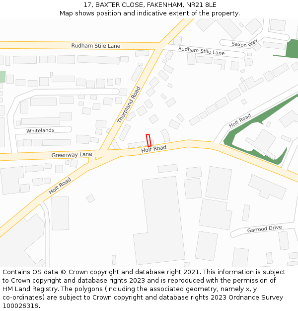17, BAXTER CLOSE, FAKENHAM, NR21 8LE: Location map and indicative extent of plot