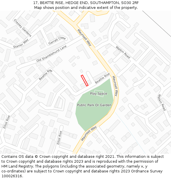17, BEATTIE RISE, HEDGE END, SOUTHAMPTON, SO30 2RF: Location map and indicative extent of plot