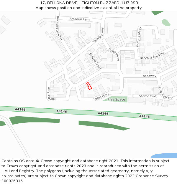 17, BELLONA DRIVE, LEIGHTON BUZZARD, LU7 9SB: Location map and indicative extent of plot