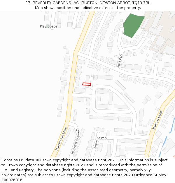 17, BEVERLEY GARDENS, ASHBURTON, NEWTON ABBOT, TQ13 7BL: Location map and indicative extent of plot