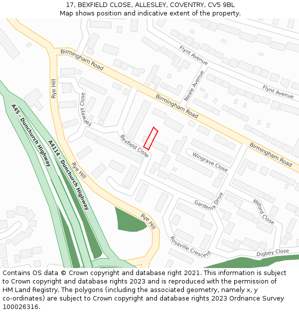 17, BEXFIELD CLOSE, ALLESLEY, COVENTRY, CV5 9BL: Location map and indicative extent of plot
