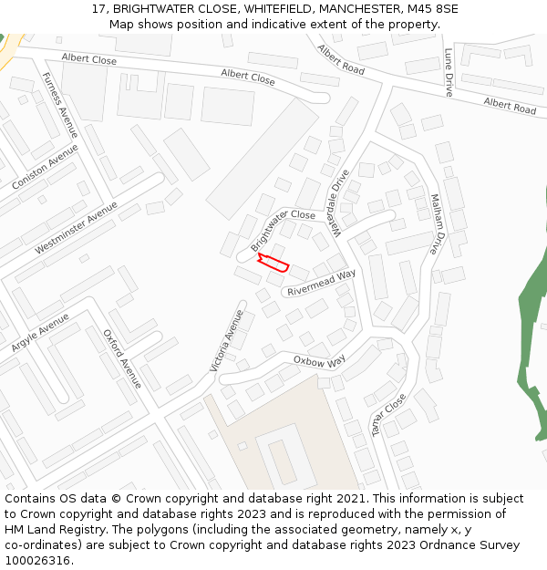17, BRIGHTWATER CLOSE, WHITEFIELD, MANCHESTER, M45 8SE: Location map and indicative extent of plot