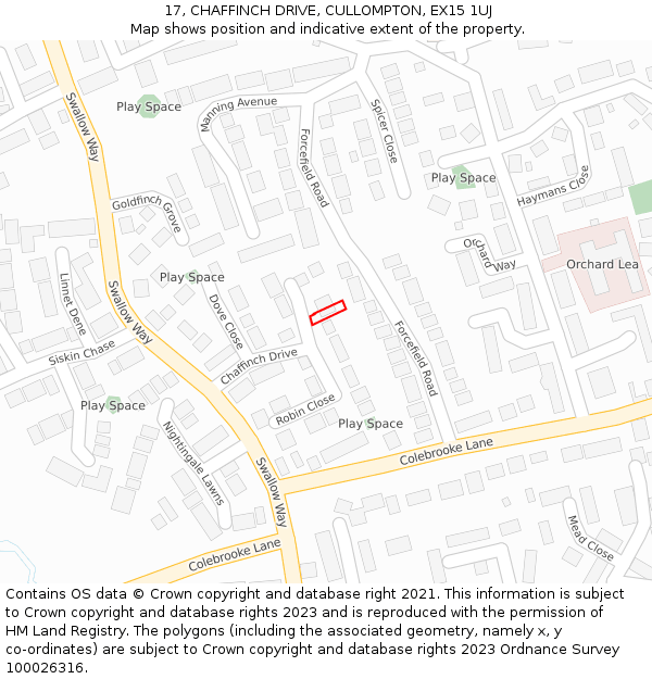 17, CHAFFINCH DRIVE, CULLOMPTON, EX15 1UJ: Location map and indicative extent of plot