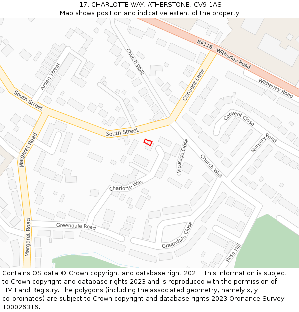 17, CHARLOTTE WAY, ATHERSTONE, CV9 1AS: Location map and indicative extent of plot