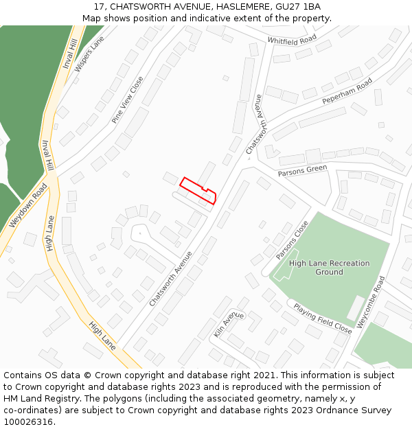 17, CHATSWORTH AVENUE, HASLEMERE, GU27 1BA: Location map and indicative extent of plot