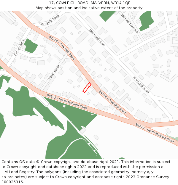 17, COWLEIGH ROAD, MALVERN, WR14 1QF: Location map and indicative extent of plot