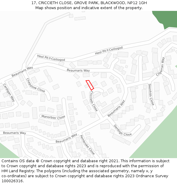 17, CRICCIETH CLOSE, GROVE PARK, BLACKWOOD, NP12 1GH: Location map and indicative extent of plot