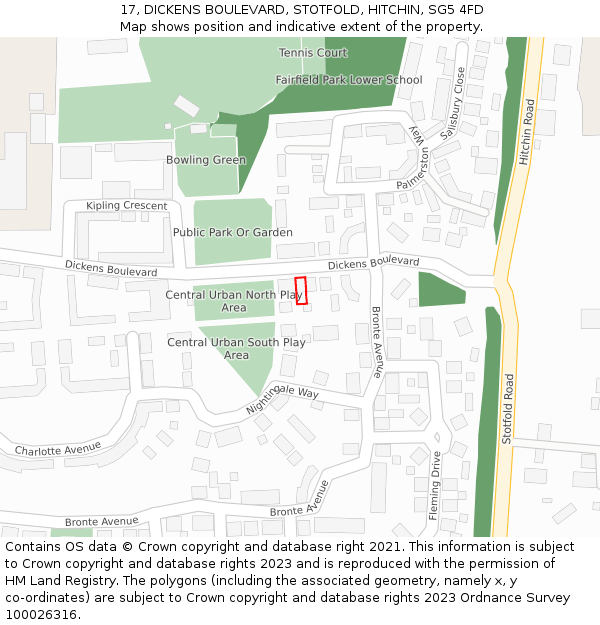 17, DICKENS BOULEVARD, STOTFOLD, HITCHIN, SG5 4FD: Location map and indicative extent of plot