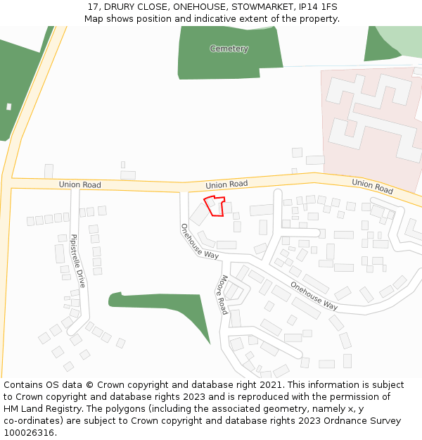 17, DRURY CLOSE, ONEHOUSE, STOWMARKET, IP14 1FS: Location map and indicative extent of plot