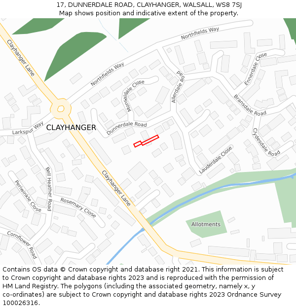 17, DUNNERDALE ROAD, CLAYHANGER, WALSALL, WS8 7SJ: Location map and indicative extent of plot