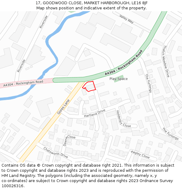 17, GOODWOOD CLOSE, MARKET HARBOROUGH, LE16 8JF: Location map and indicative extent of plot