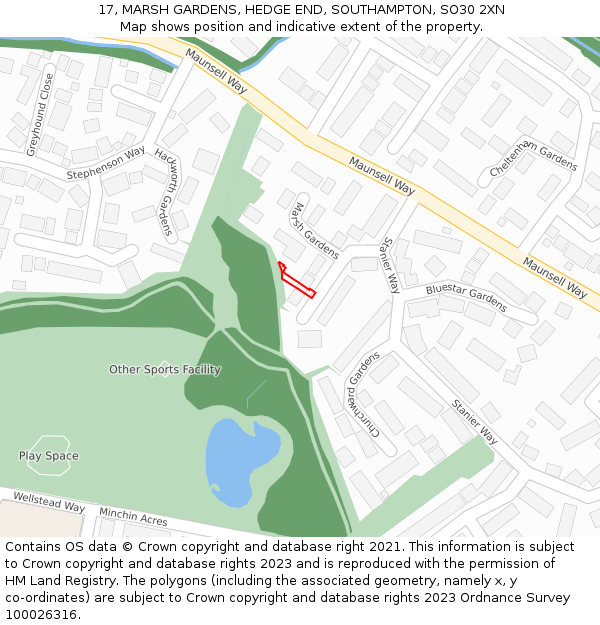 17, MARSH GARDENS, HEDGE END, SOUTHAMPTON, SO30 2XN: Location map and indicative extent of plot