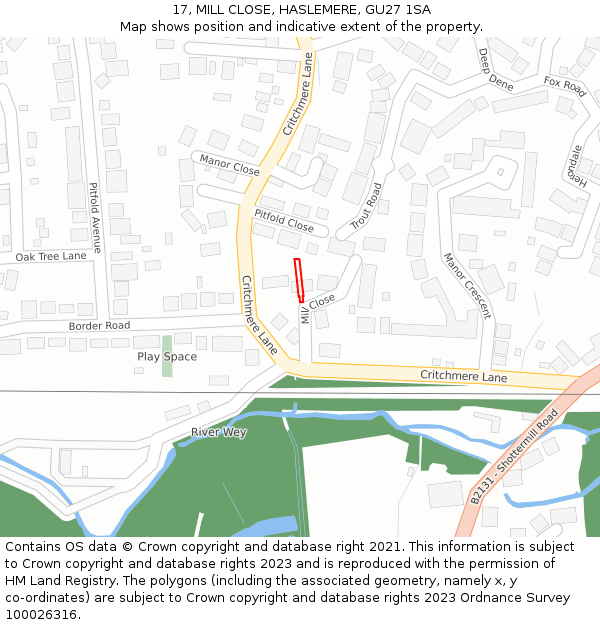 17, MILL CLOSE, HASLEMERE, GU27 1SA: Location map and indicative extent of plot