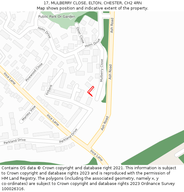 17, MULBERRY CLOSE, ELTON, CHESTER, CH2 4RN: Location map and indicative extent of plot