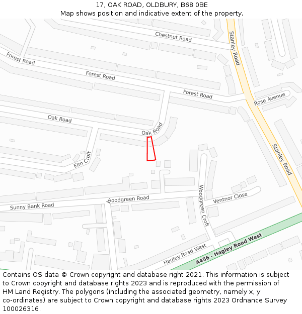 17, OAK ROAD, OLDBURY, B68 0BE: Location map and indicative extent of plot