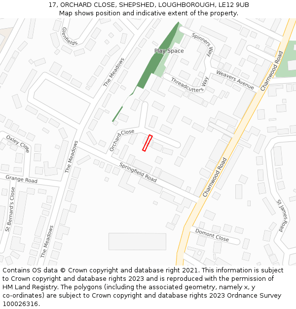 17, ORCHARD CLOSE, SHEPSHED, LOUGHBOROUGH, LE12 9UB: Location map and indicative extent of plot