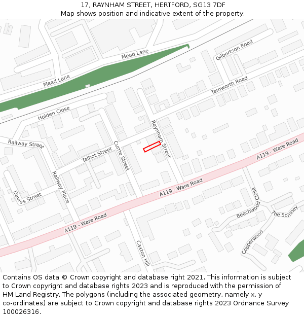 17, RAYNHAM STREET, HERTFORD, SG13 7DF: Location map and indicative extent of plot