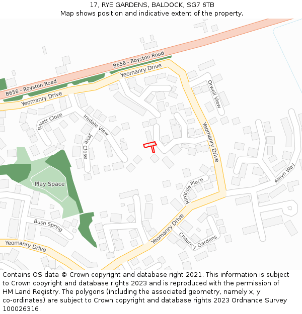 17, RYE GARDENS, BALDOCK, SG7 6TB: Location map and indicative extent of plot