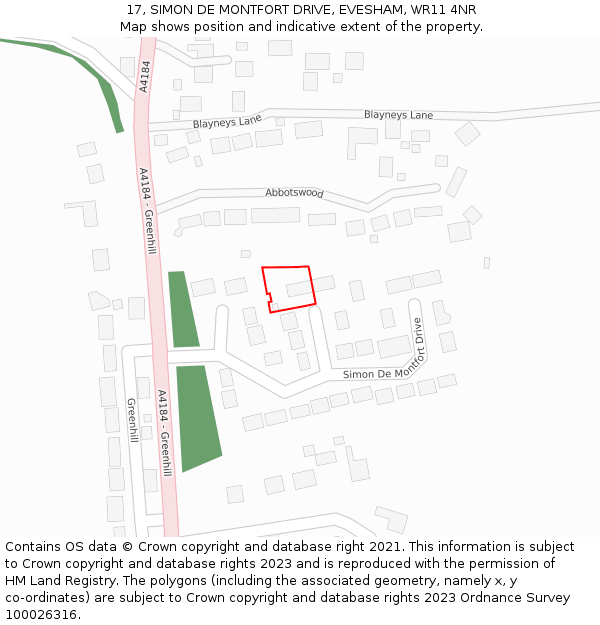 17, SIMON DE MONTFORT DRIVE, EVESHAM, WR11 4NR: Location map and indicative extent of plot