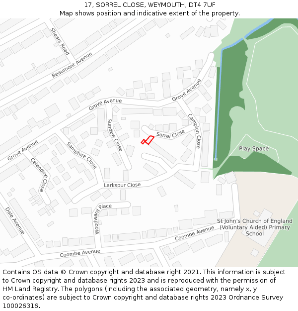 17, SORREL CLOSE, WEYMOUTH, DT4 7UF: Location map and indicative extent of plot