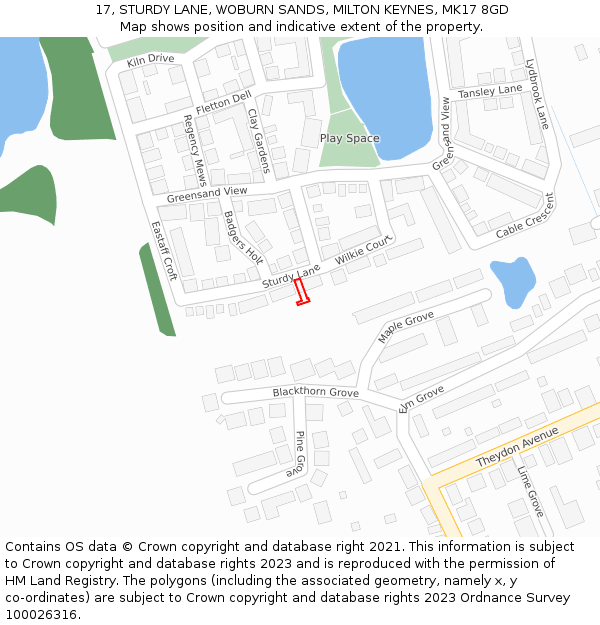 17, STURDY LANE, WOBURN SANDS, MILTON KEYNES, MK17 8GD: Location map and indicative extent of plot