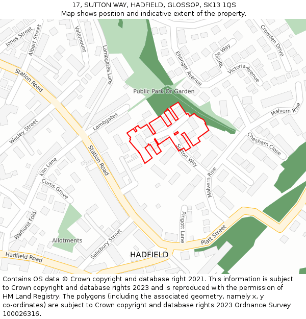 17, SUTTON WAY, HADFIELD, GLOSSOP, SK13 1QS: Location map and indicative extent of plot