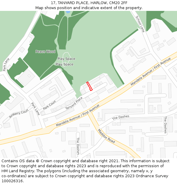 17, TANYARD PLACE, HARLOW, CM20 2FF: Location map and indicative extent of plot