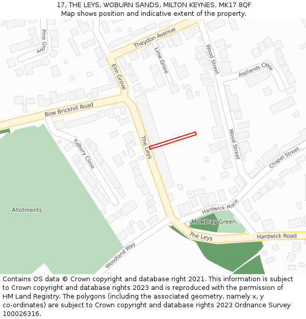 17, THE LEYS, WOBURN SANDS, MILTON KEYNES, MK17 8QF: Location map and indicative extent of plot