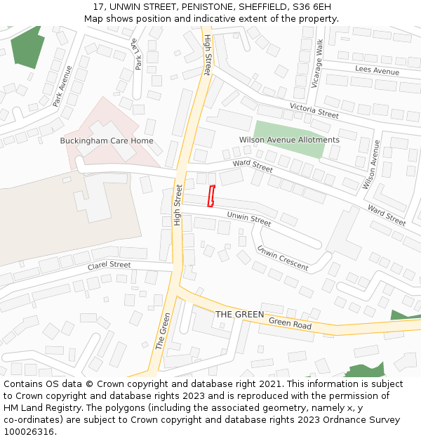 17, UNWIN STREET, PENISTONE, SHEFFIELD, S36 6EH: Location map and indicative extent of plot
