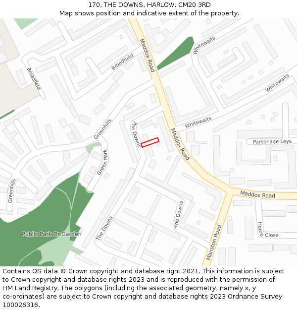 170, THE DOWNS, HARLOW, CM20 3RD: Location map and indicative extent of plot