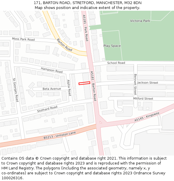 171, BARTON ROAD, STRETFORD, MANCHESTER, M32 8DN: Location map and indicative extent of plot