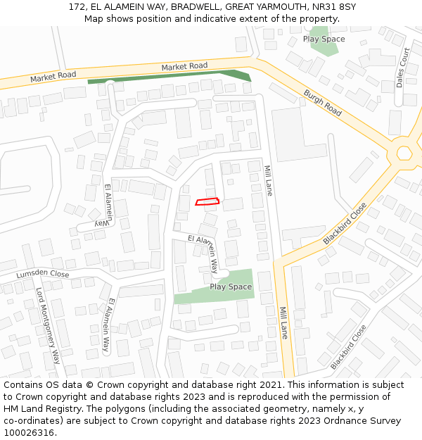 172, EL ALAMEIN WAY, BRADWELL, GREAT YARMOUTH, NR31 8SY: Location map and indicative extent of plot