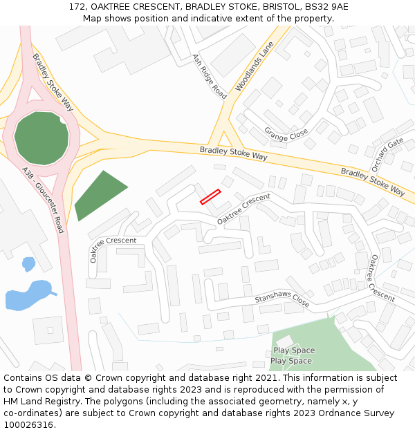 172, OAKTREE CRESCENT, BRADLEY STOKE, BRISTOL, BS32 9AE: Location map and indicative extent of plot