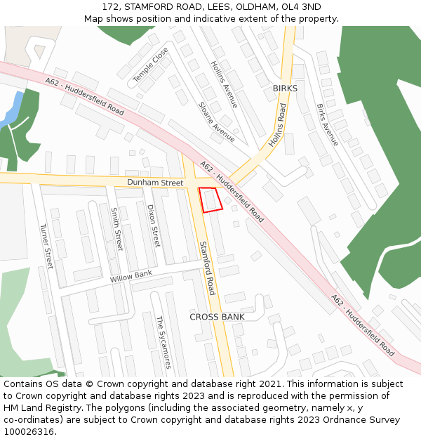 172, STAMFORD ROAD, LEES, OLDHAM, OL4 3ND: Location map and indicative extent of plot