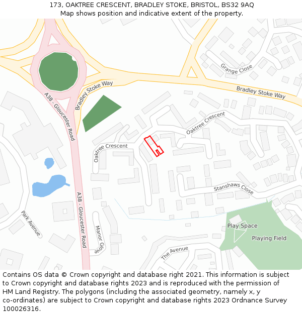 173, OAKTREE CRESCENT, BRADLEY STOKE, BRISTOL, BS32 9AQ: Location map and indicative extent of plot