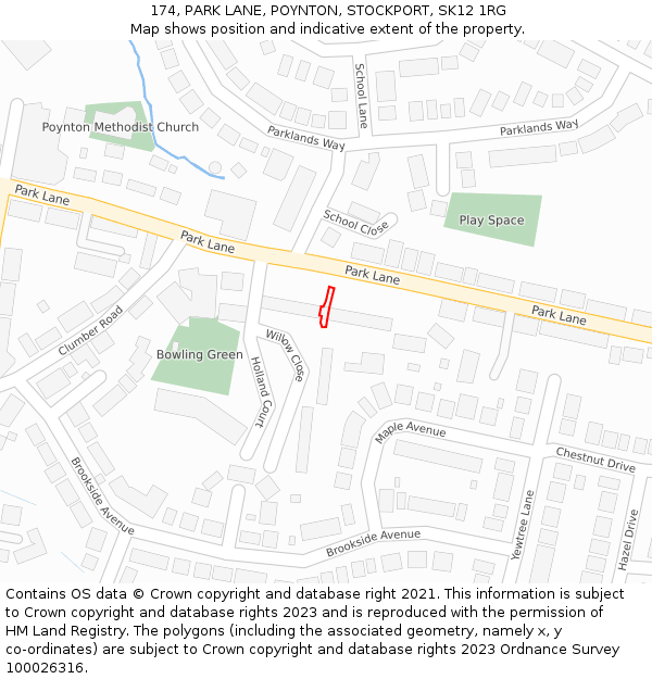 174, PARK LANE, POYNTON, STOCKPORT, SK12 1RG: Location map and indicative extent of plot