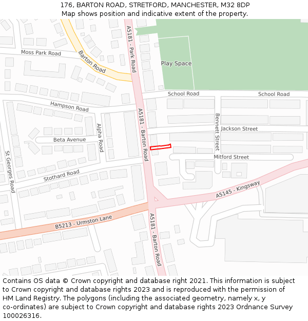 176, BARTON ROAD, STRETFORD, MANCHESTER, M32 8DP: Location map and indicative extent of plot