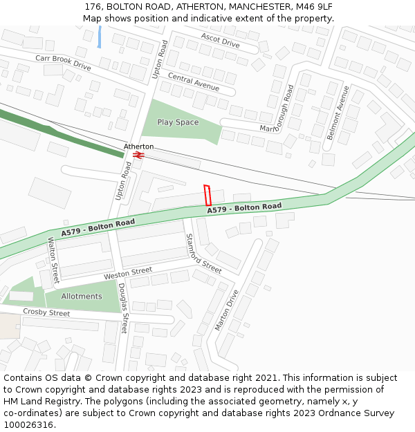 176, BOLTON ROAD, ATHERTON, MANCHESTER, M46 9LF: Location map and indicative extent of plot
