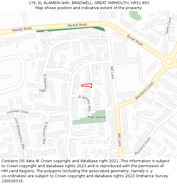 176, EL ALAMEIN WAY, BRADWELL, GREAT YARMOUTH, NR31 8SY: Location map and indicative extent of plot