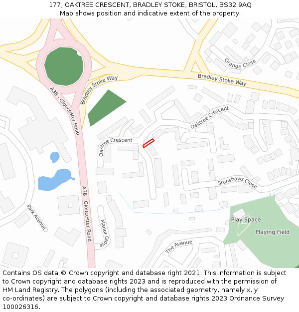 177, OAKTREE CRESCENT, BRADLEY STOKE, BRISTOL, BS32 9AQ: Location map and indicative extent of plot