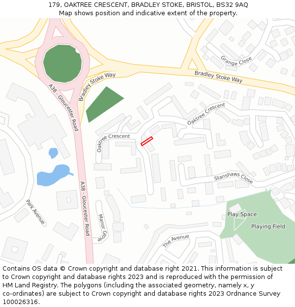 179, OAKTREE CRESCENT, BRADLEY STOKE, BRISTOL, BS32 9AQ: Location map and indicative extent of plot