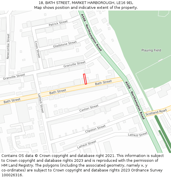 18, BATH STREET, MARKET HARBOROUGH, LE16 9EL: Location map and indicative extent of plot