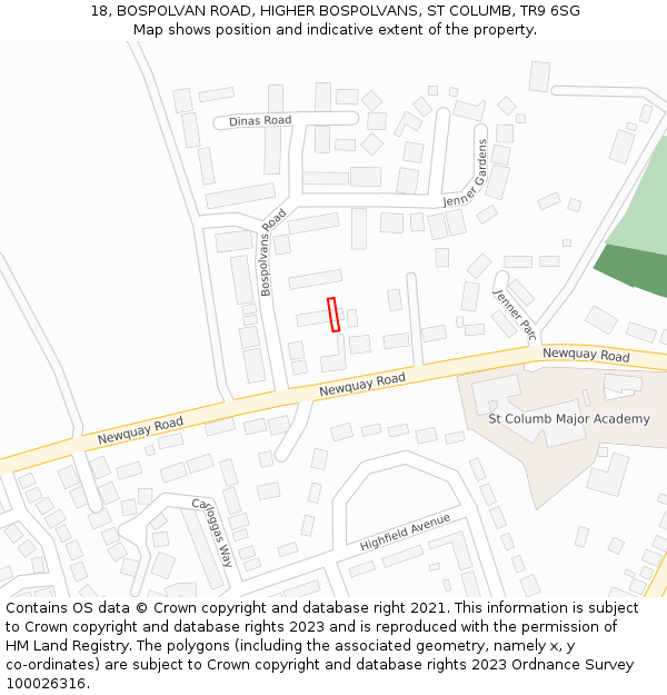 18, BOSPOLVAN ROAD, HIGHER BOSPOLVANS, ST COLUMB, TR9 6SG: Location map and indicative extent of plot