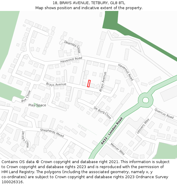18, BRAYS AVENUE, TETBURY, GL8 8TL: Location map and indicative extent of plot