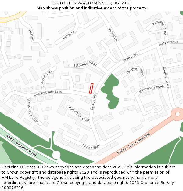 18, BRUTON WAY, BRACKNELL, RG12 0GJ: Location map and indicative extent of plot