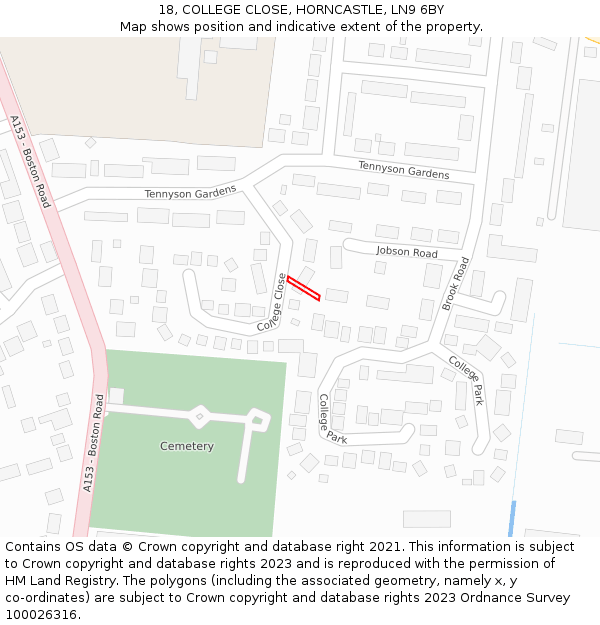18, COLLEGE CLOSE, HORNCASTLE, LN9 6BY: Location map and indicative extent of plot