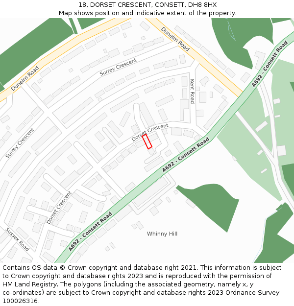 18, DORSET CRESCENT, CONSETT, DH8 8HX: Location map and indicative extent of plot