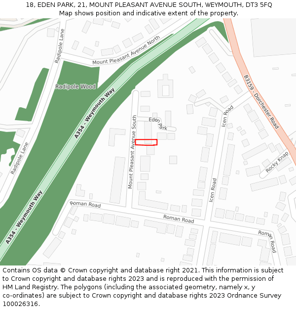 18, EDEN PARK, 21, MOUNT PLEASANT AVENUE SOUTH, WEYMOUTH, DT3 5FQ: Location map and indicative extent of plot